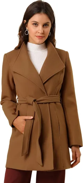 Allegra K Women's Classic Stand Collar Long Sleeve Winter Belted Long Coat