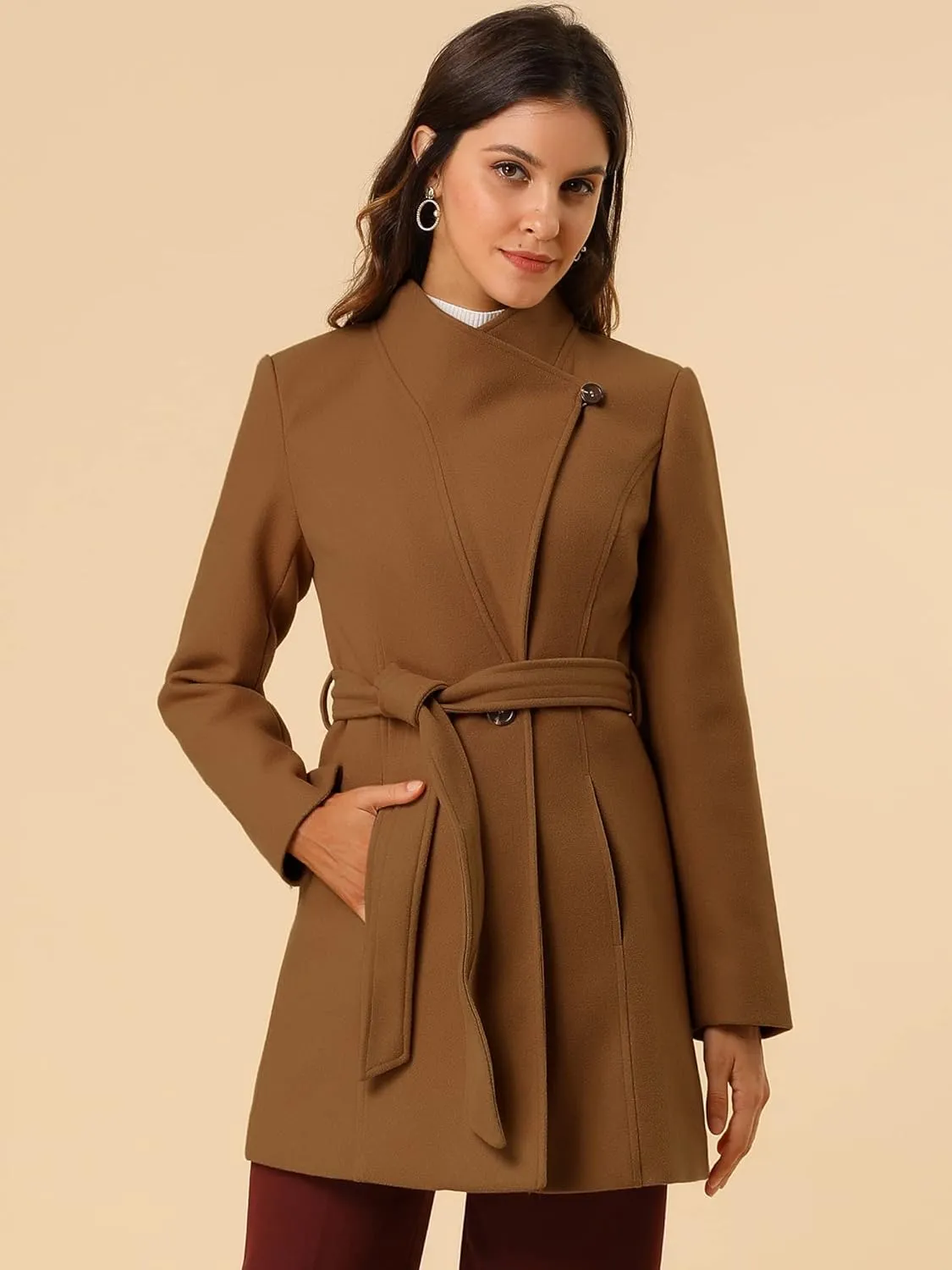 Allegra K Women's Classic Stand Collar Long Sleeve Winter Belted Long Coat