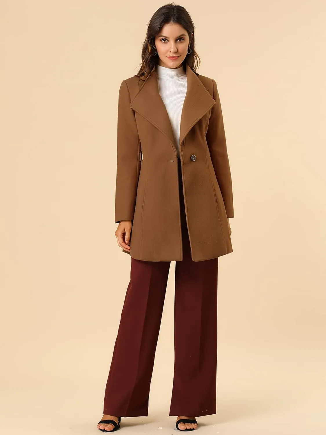 Allegra K Women's Classic Stand Collar Long Sleeve Winter Belted Long Coat
