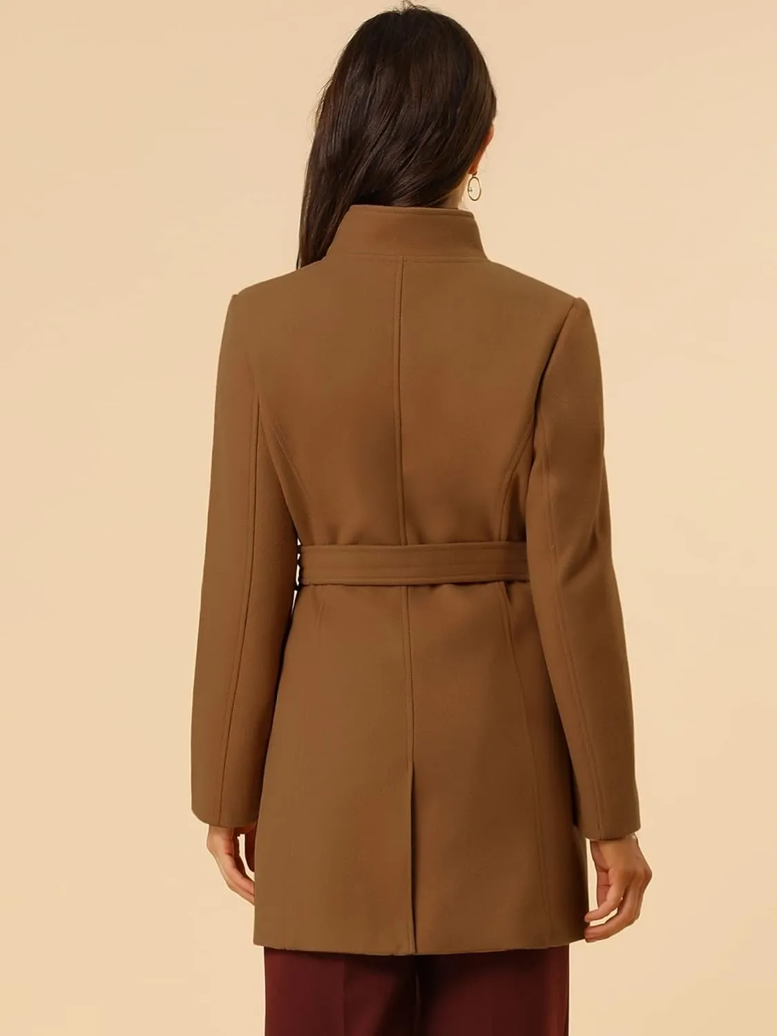 Allegra K Women's Classic Stand Collar Long Sleeve Winter Belted Long Coat