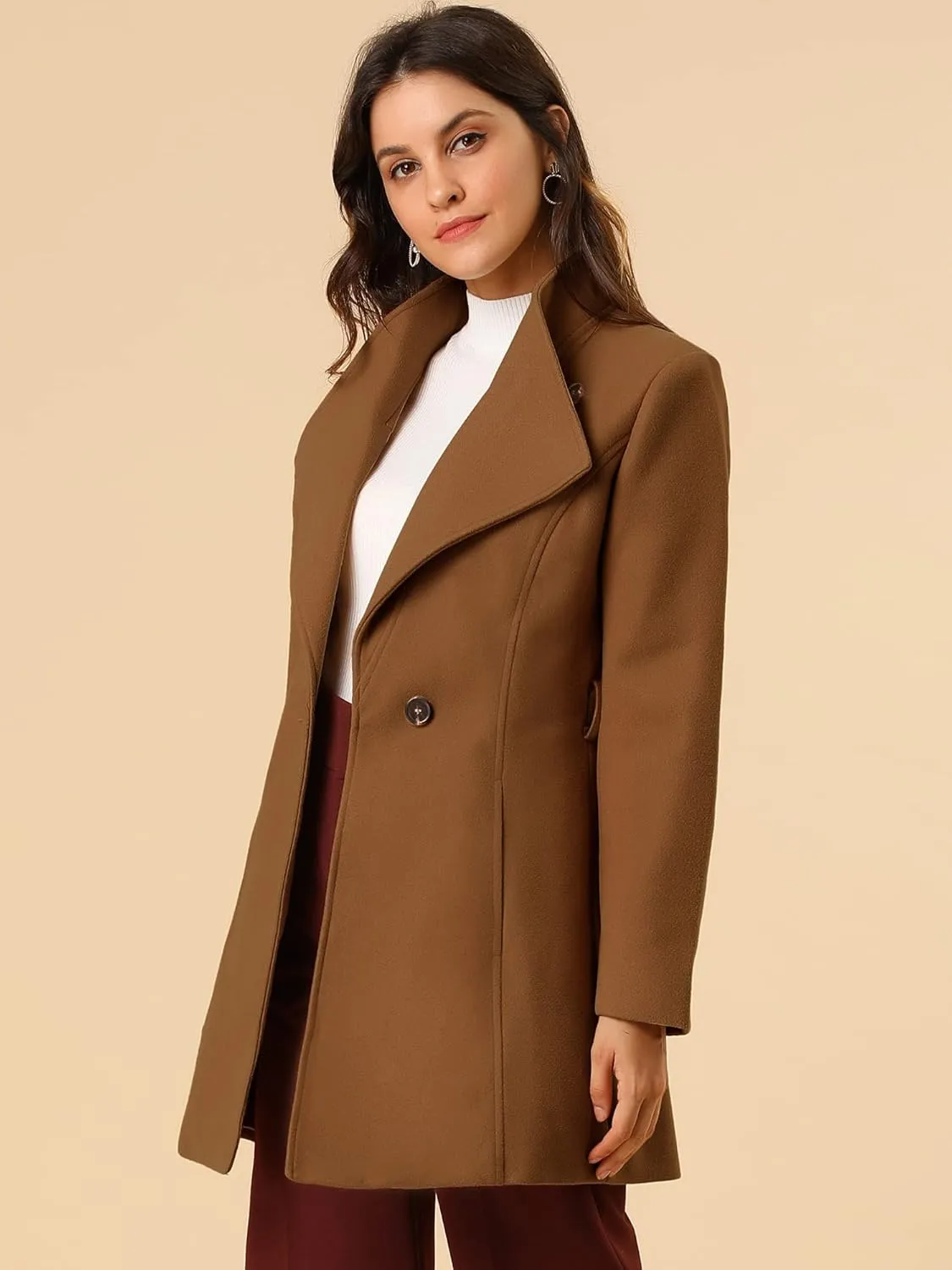 Allegra K Women's Classic Stand Collar Long Sleeve Winter Belted Long Coat