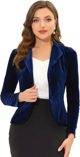 Allegra K Women's Suit Jacket Notched Lapel Long Sleeve Office Business Button Velvet Blazer