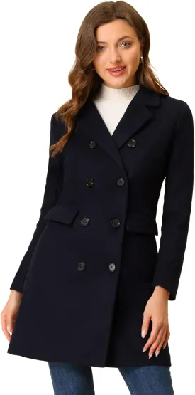 Allegra K Women's Winter Coat Elegant Notched Lapel Double Breasted Trench Coat