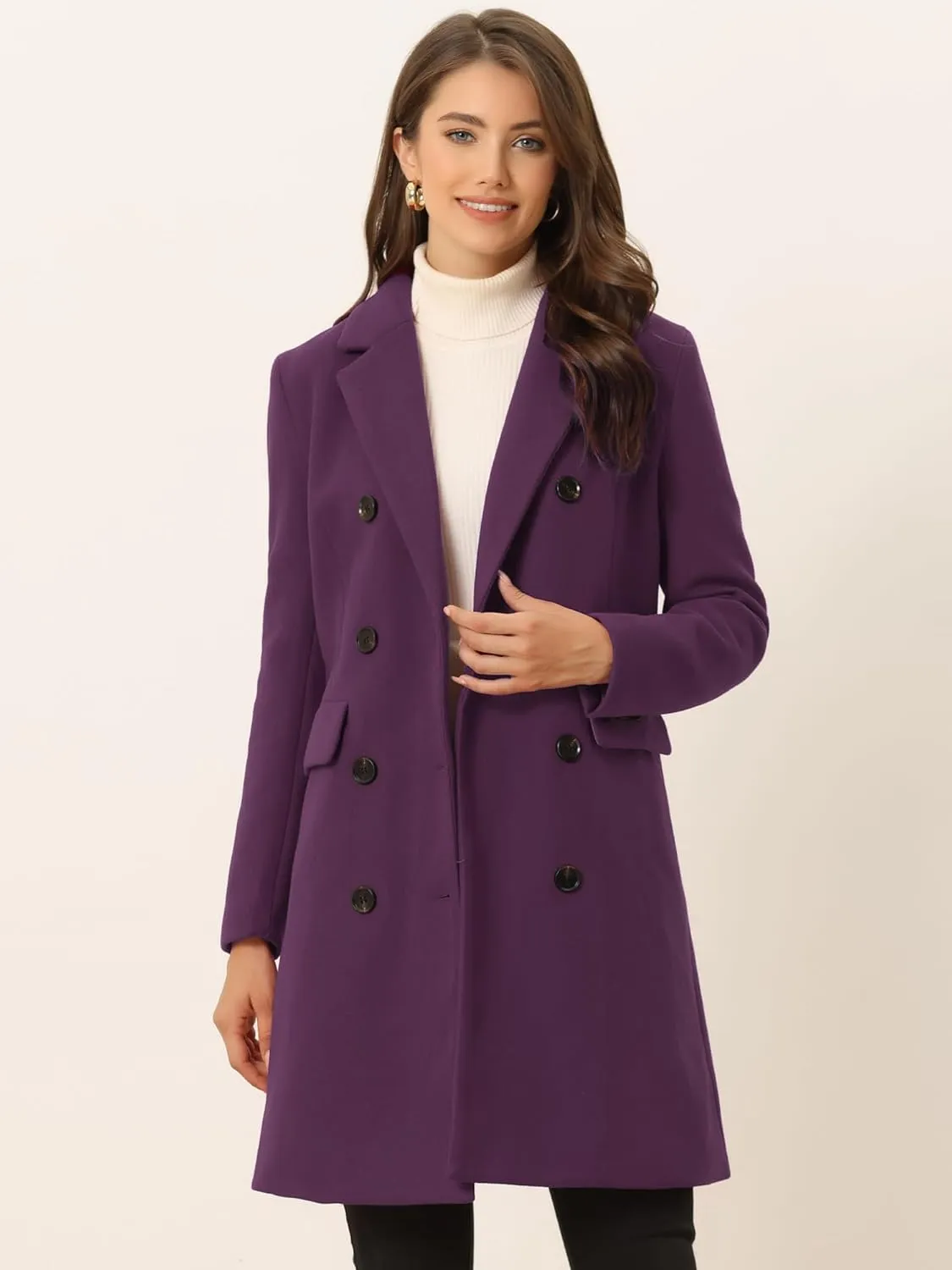 Allegra K Women's Winter Coat Elegant Notched Lapel Double Breasted Trench Coat