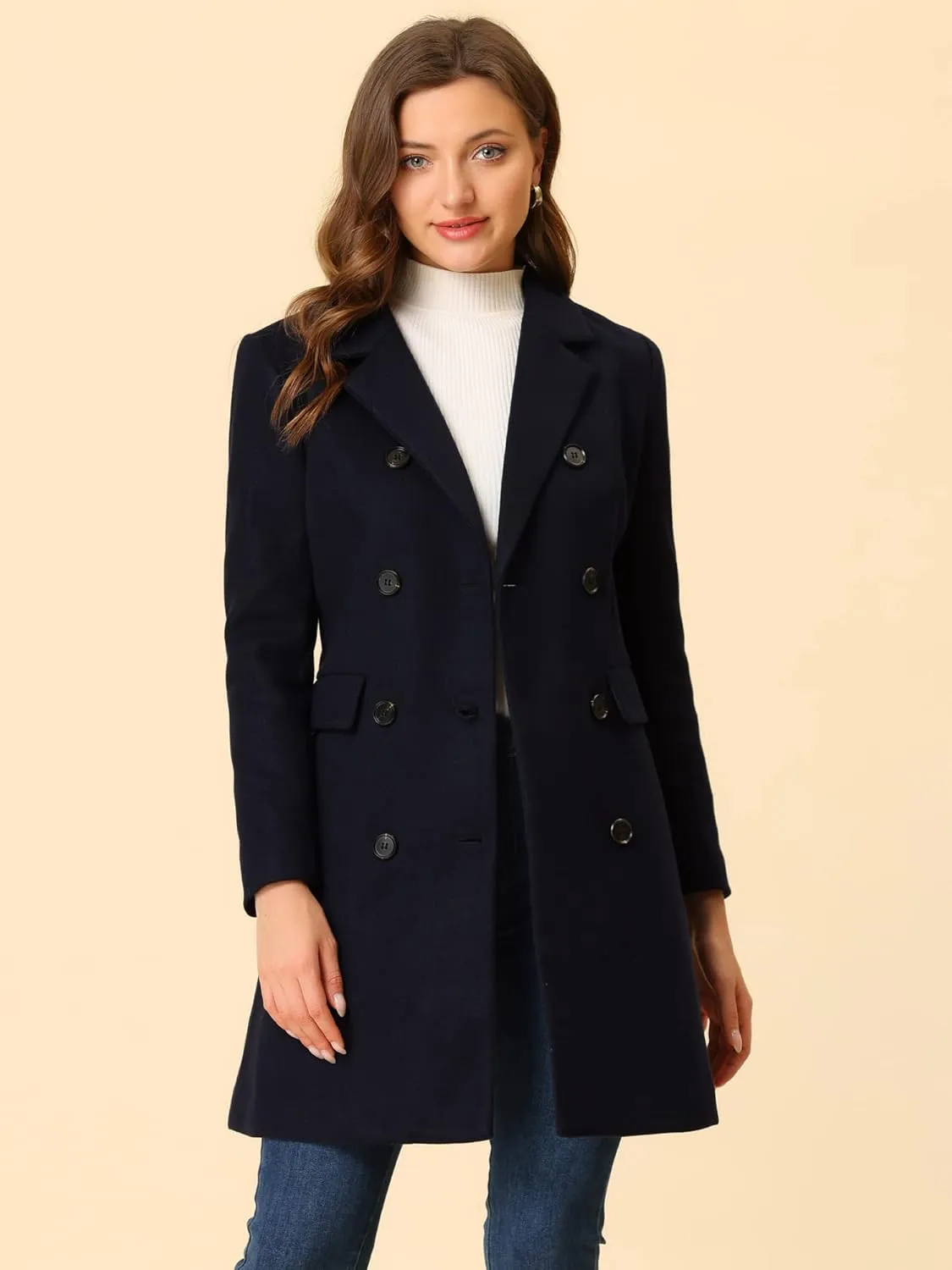 Allegra K Women's Winter Coat Elegant Notched Lapel Double Breasted Trench Coat