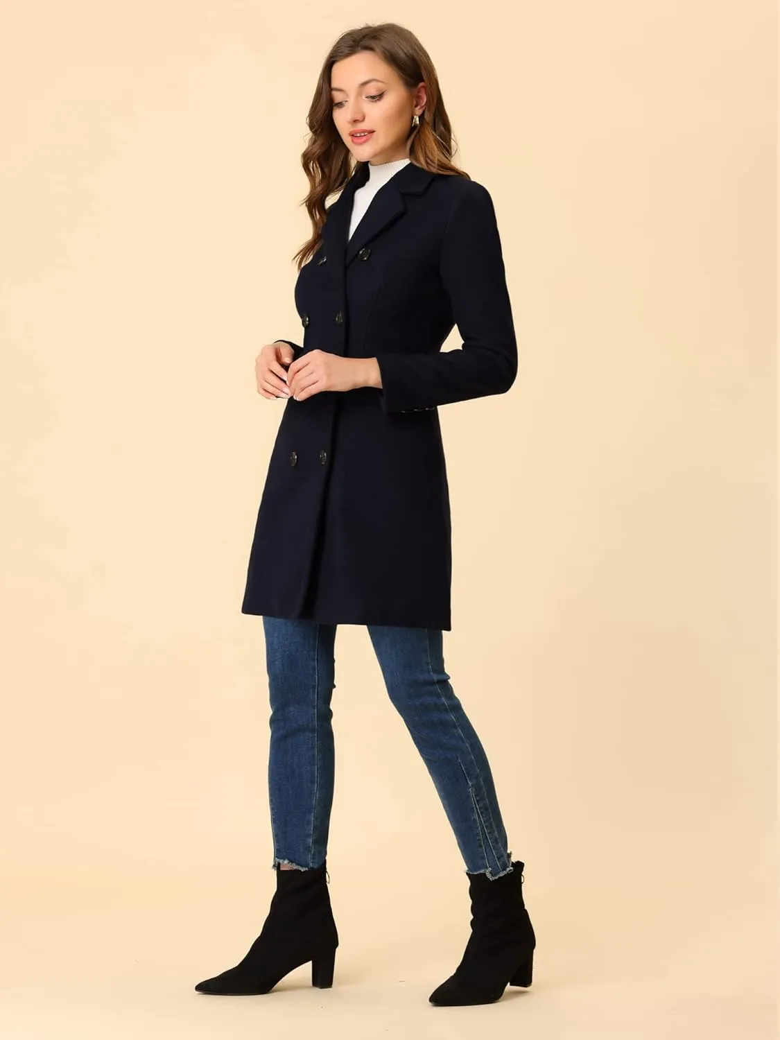 Allegra K Women's Winter Coat Elegant Notched Lapel Double Breasted Trench Coat