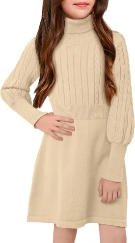 BesserBay Girls Long Sleeve Cable Knitted Sweater Dress Fall Turtleneck Pullover Midi Dress Size 5-14 Years