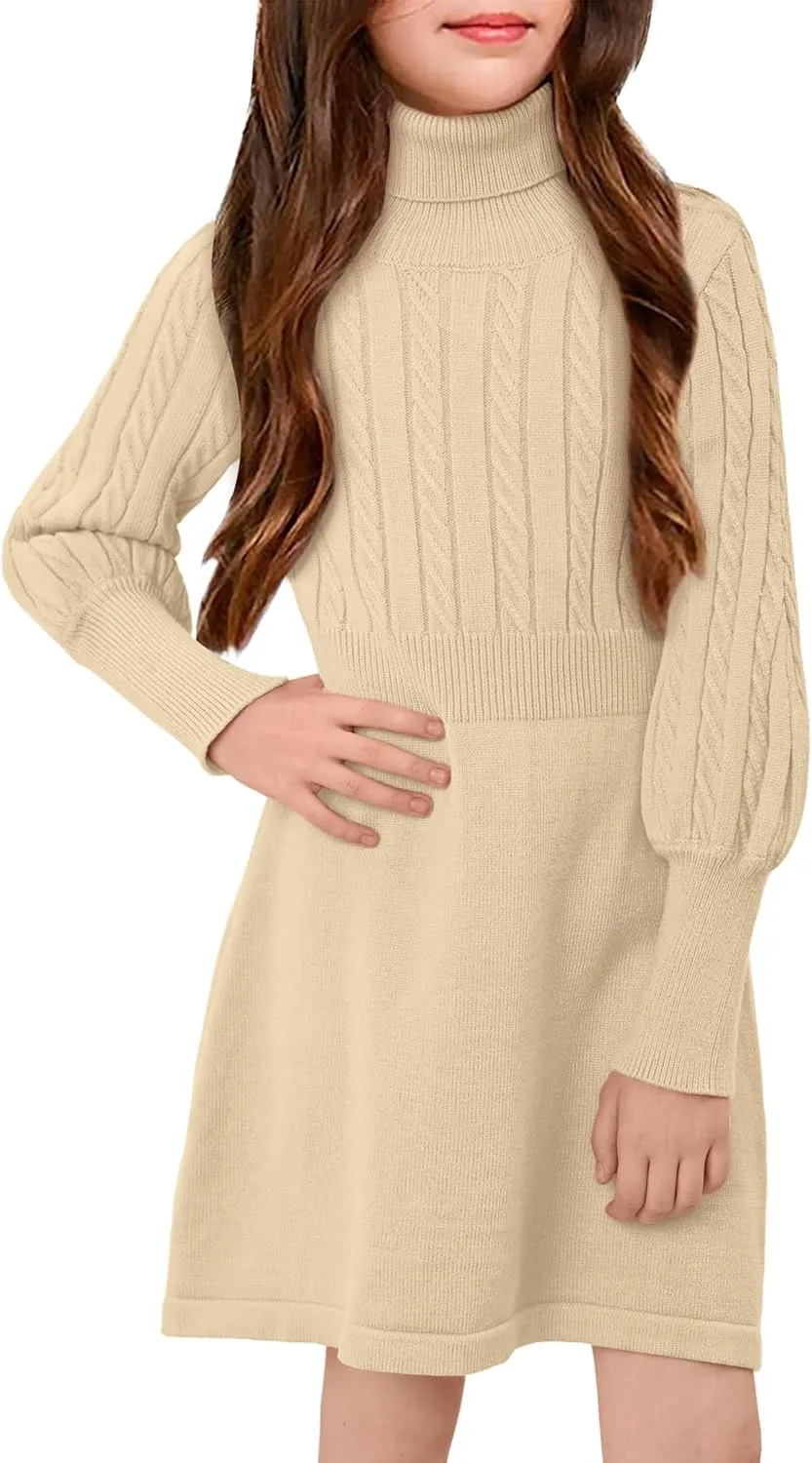 BesserBay Girls Long Sleeve Cable Knitted Sweater Dress Fall Turtleneck Pullover Midi Dress Size 5-14 Years