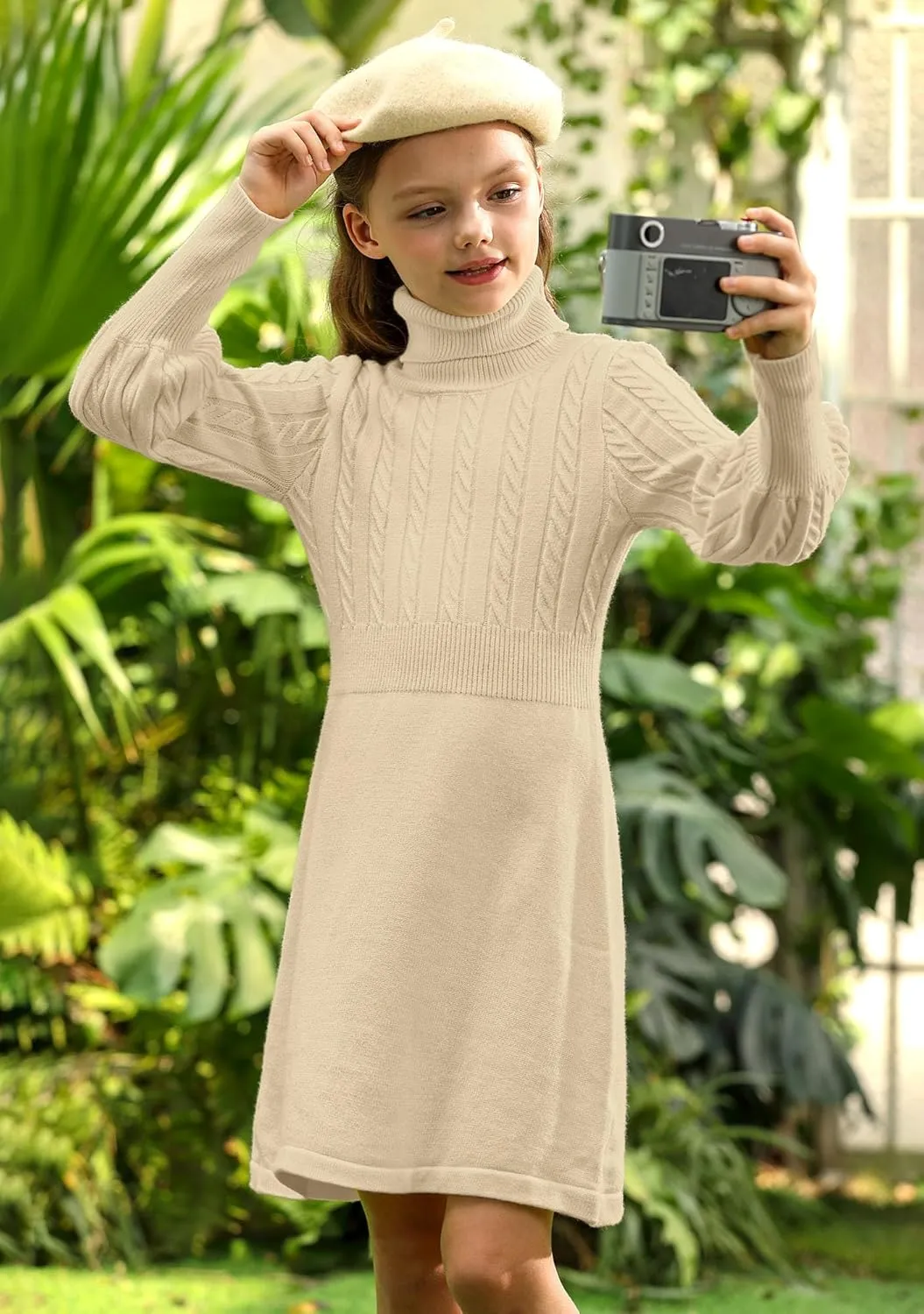 BesserBay Girls Long Sleeve Cable Knitted Sweater Dress Fall Turtleneck Pullover Midi Dress Size 5-14 Years