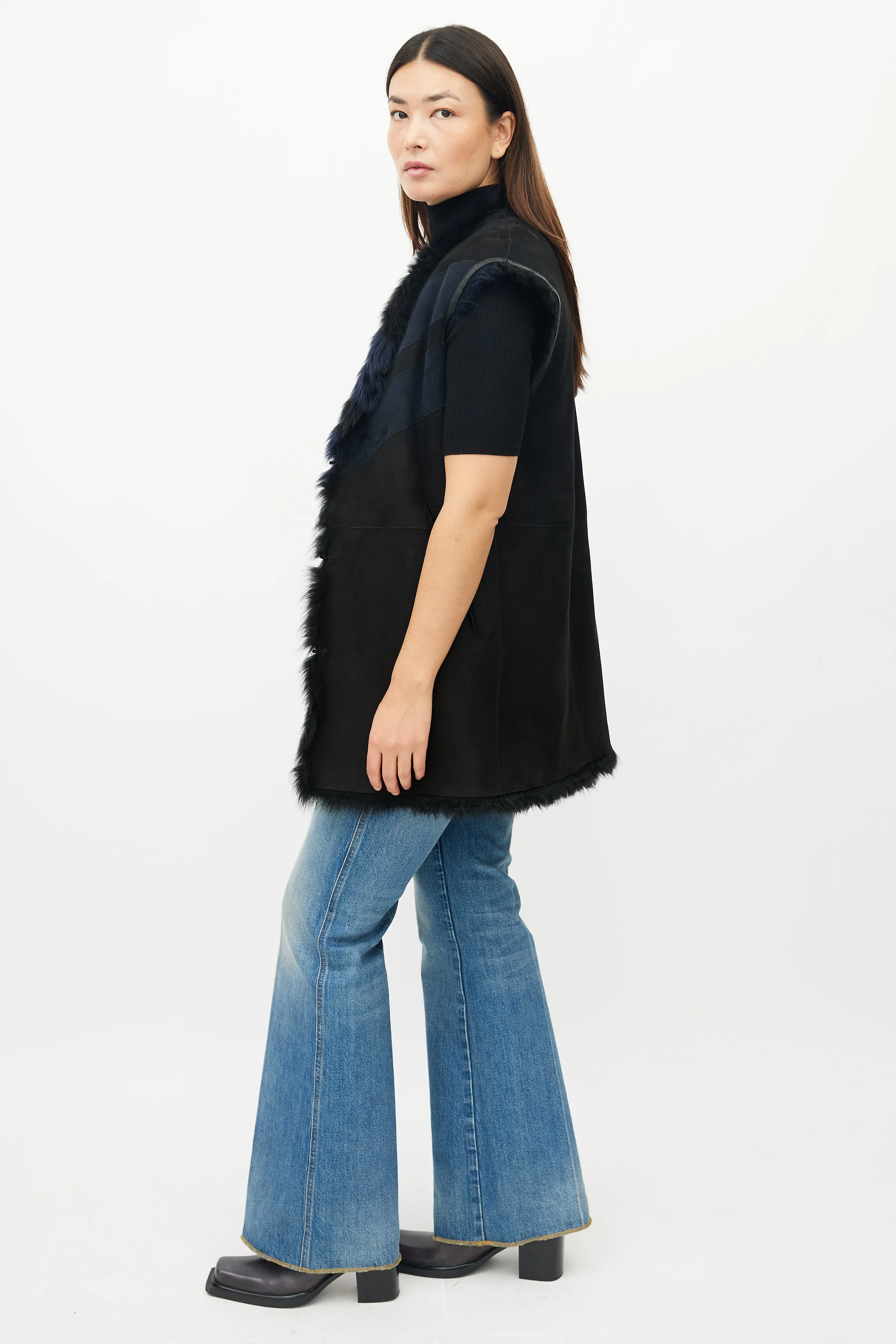 Black & Navy Reversible Shearling Vest