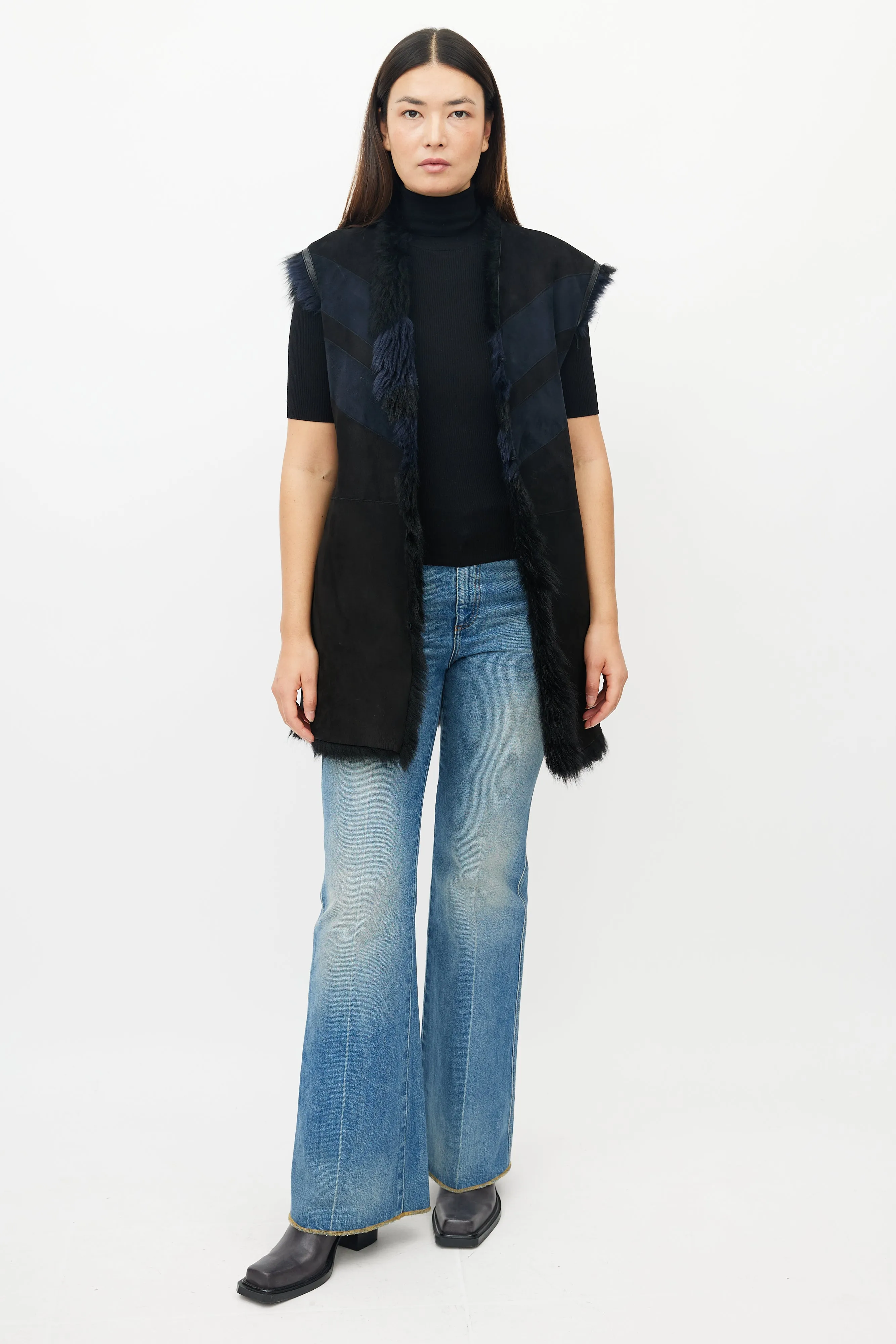 Black & Navy Reversible Shearling Vest