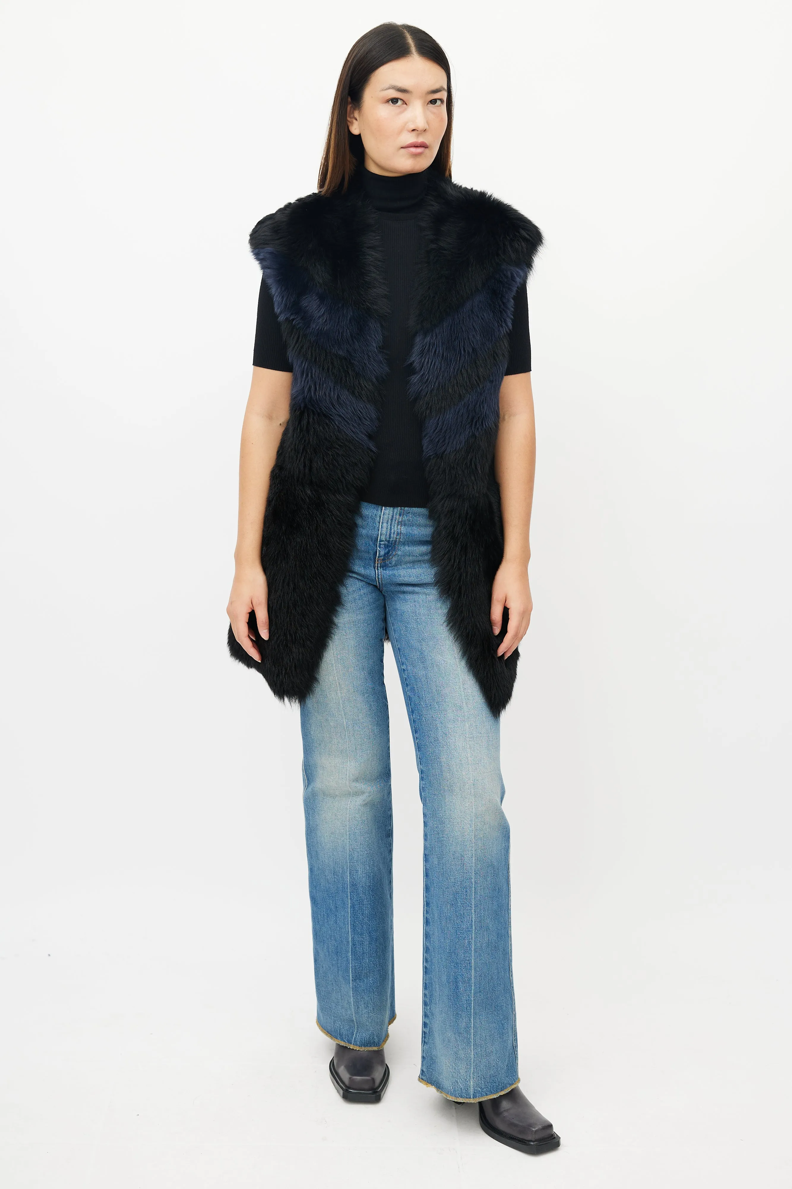 Black & Navy Reversible Shearling Vest