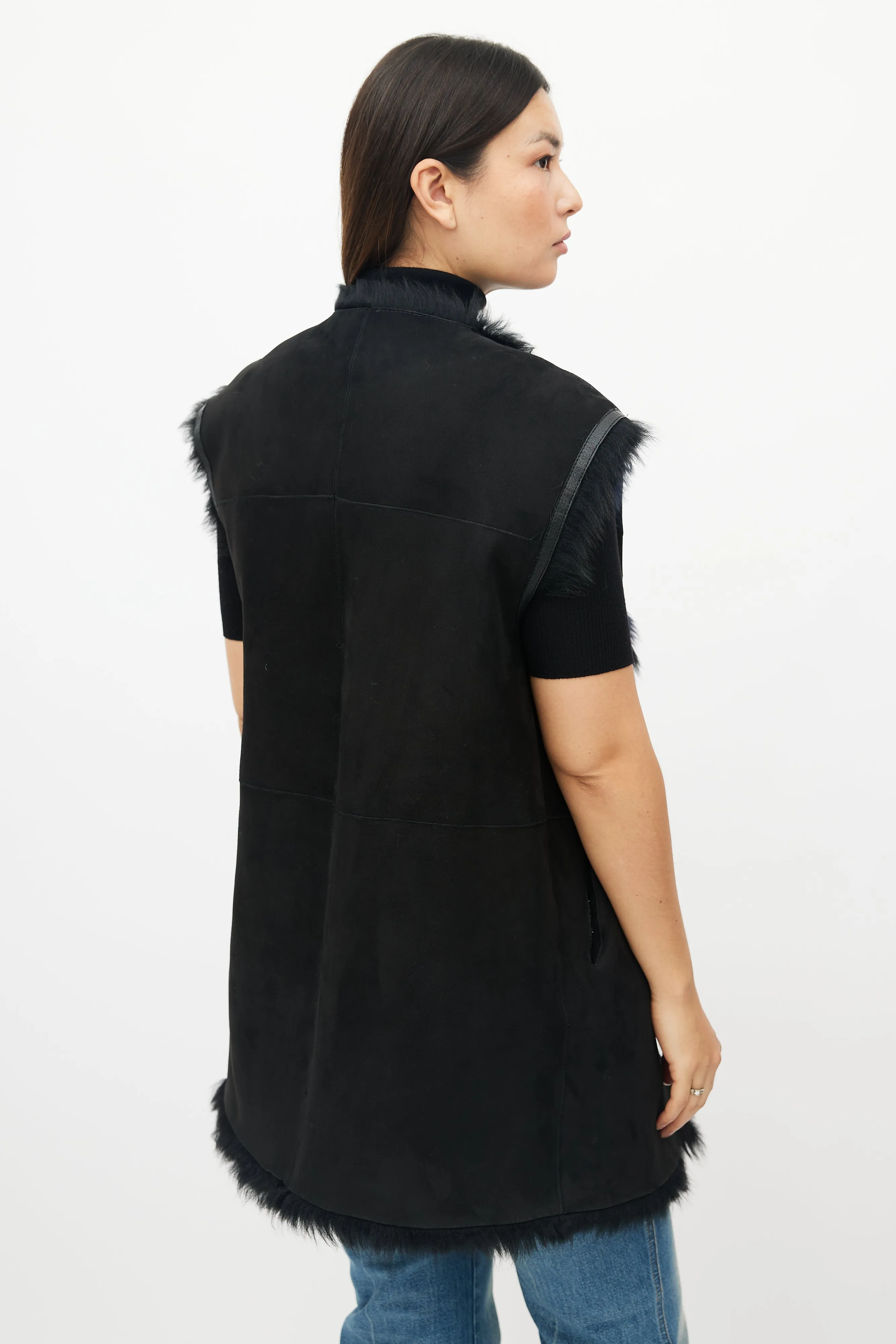 Black & Navy Reversible Shearling Vest