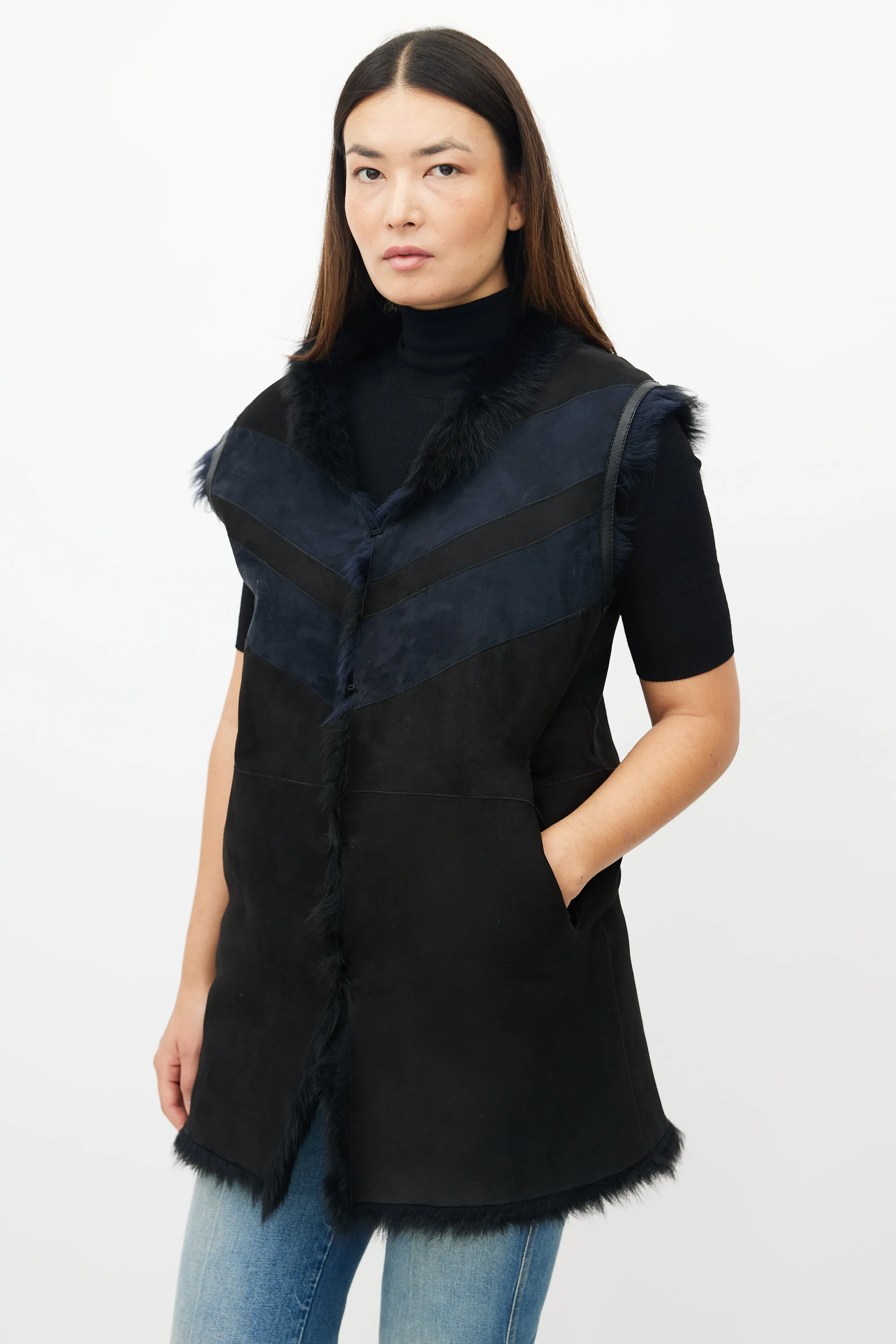 Black & Navy Reversible Shearling Vest