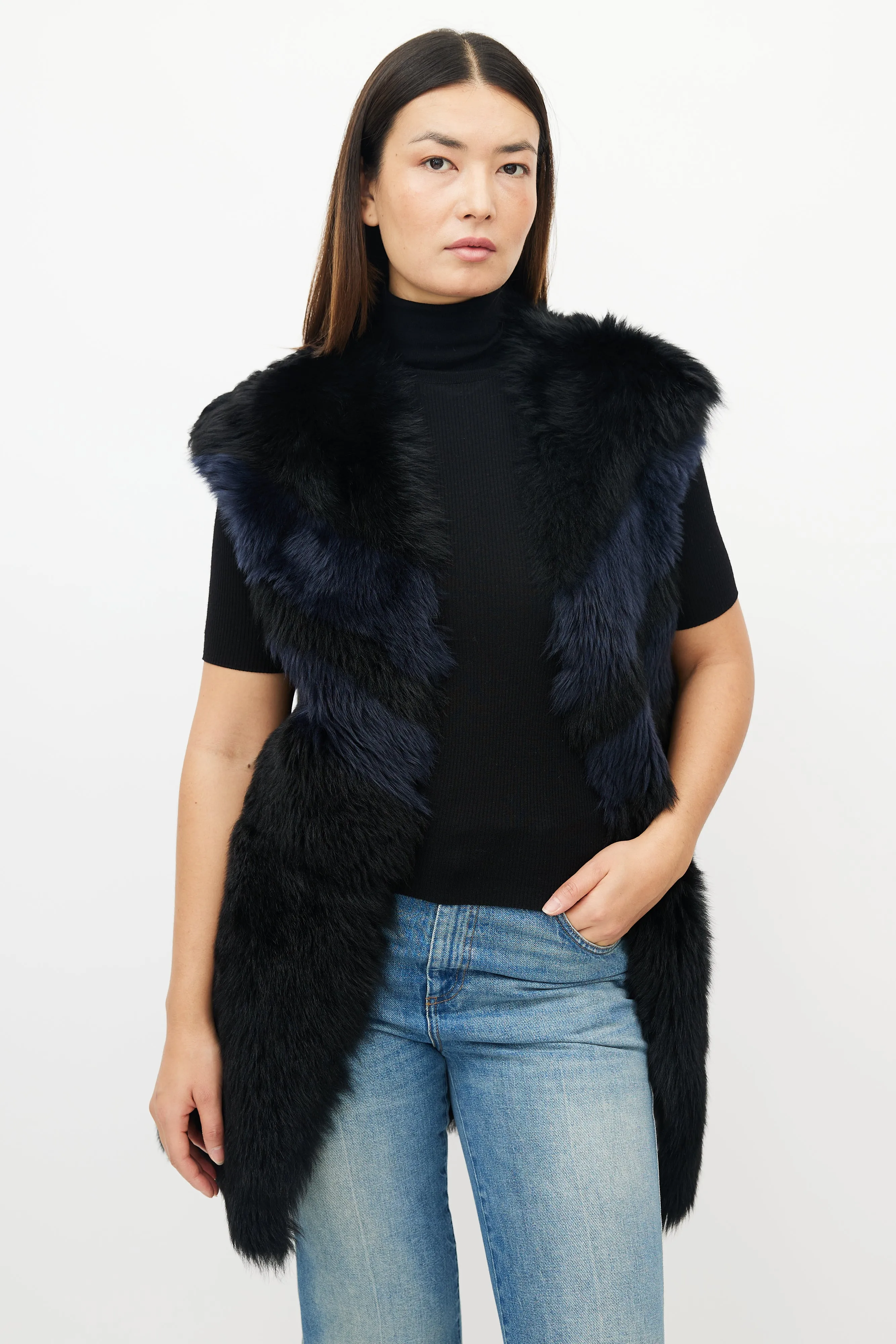 Black & Navy Reversible Shearling Vest