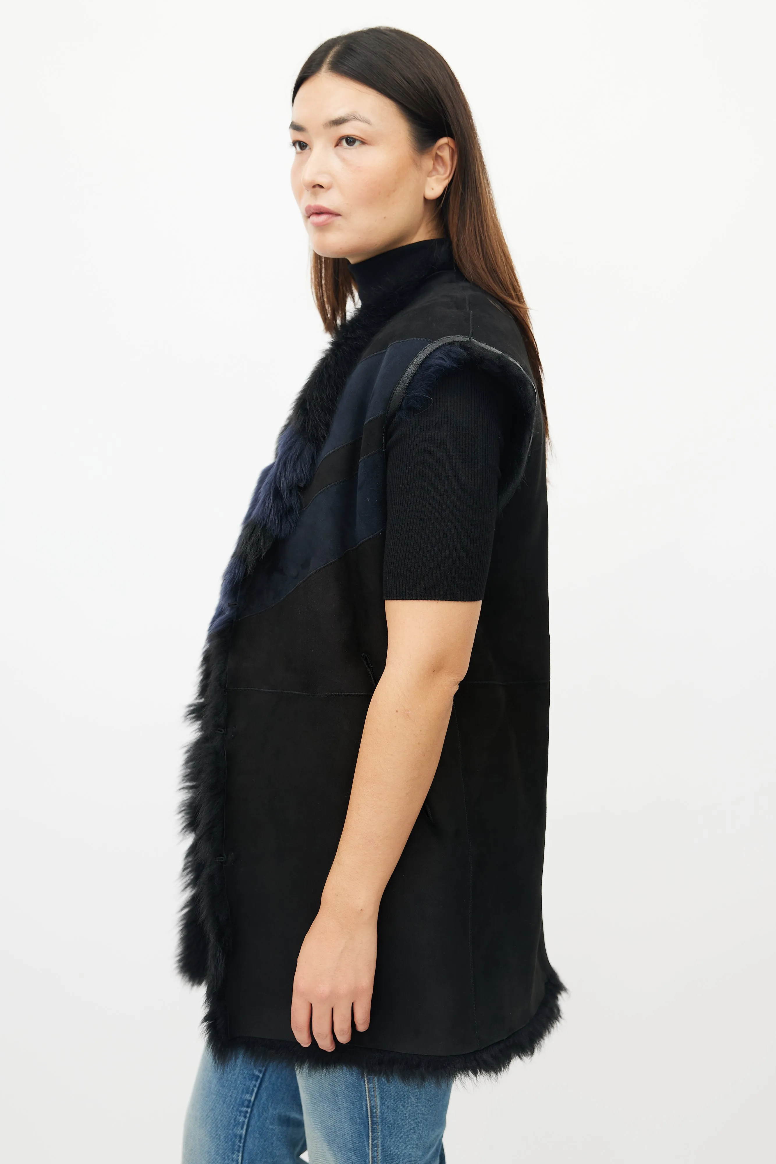 Black & Navy Reversible Shearling Vest
