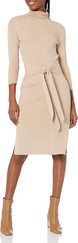 Cable Stitch Women's Turtleneck Ribbed Sweater Dress - 3/4 Sleeve Tie Waist Bodycon Fitted Knit Dress