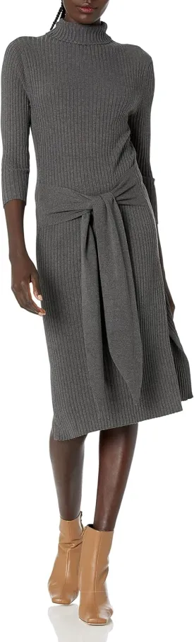 Cable Stitch Women's Turtleneck Ribbed Sweater Dress - 3/4 Sleeve Tie Waist Bodycon Fitted Knit Dress