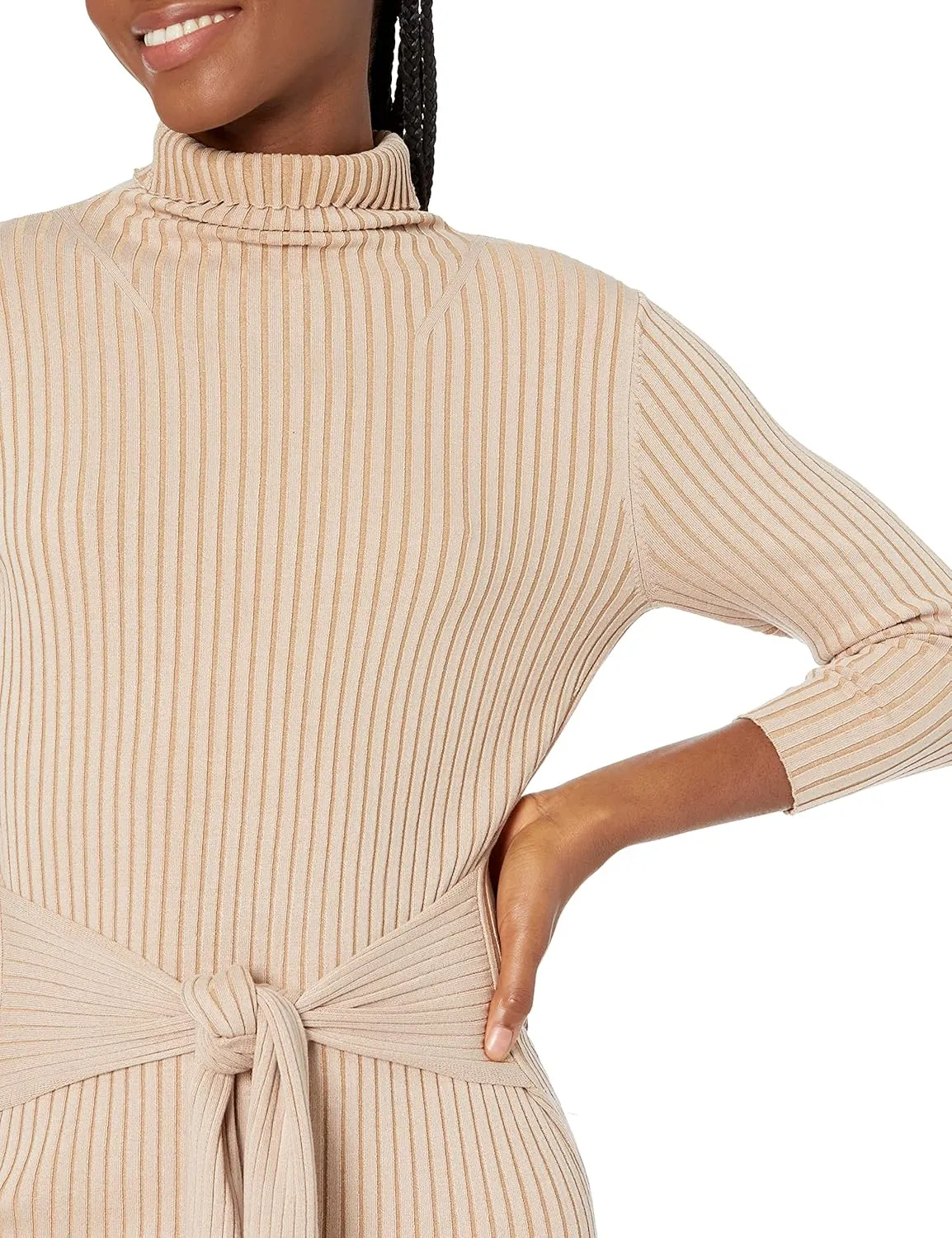 Cable Stitch Women's Turtleneck Ribbed Sweater Dress - 3/4 Sleeve Tie Waist Bodycon Fitted Knit Dress