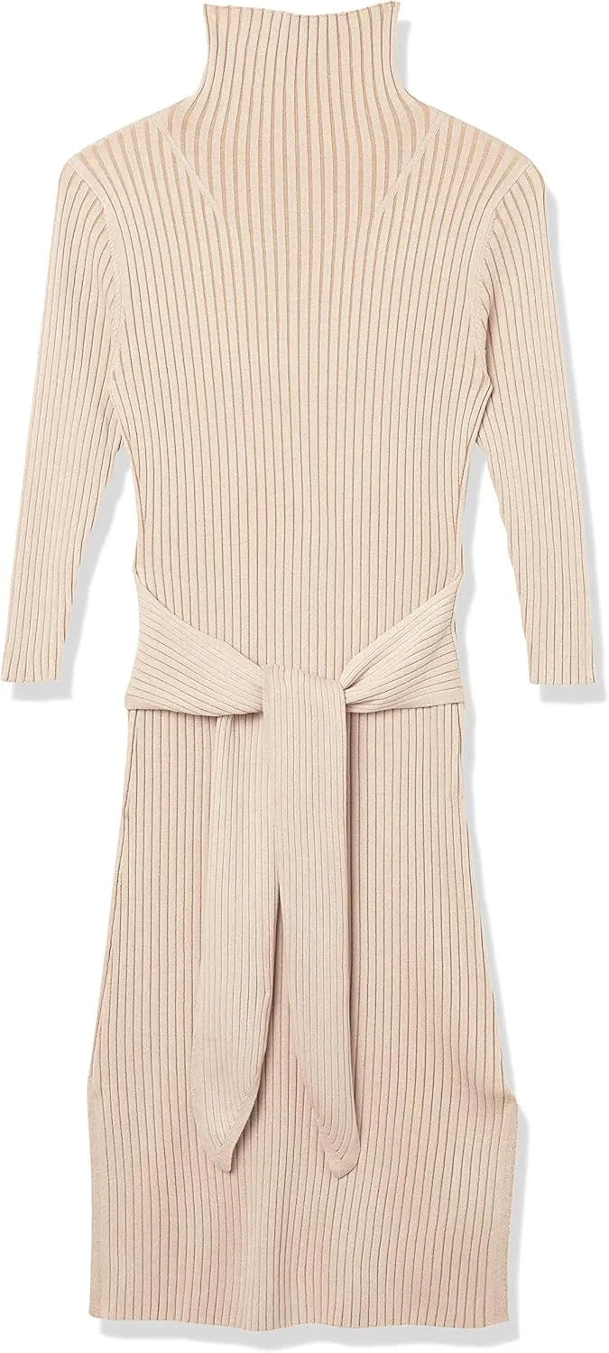 Cable Stitch Women's Turtleneck Ribbed Sweater Dress - 3/4 Sleeve Tie Waist Bodycon Fitted Knit Dress