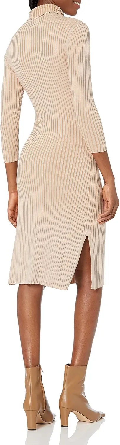 Cable Stitch Women's Turtleneck Ribbed Sweater Dress - 3/4 Sleeve Tie Waist Bodycon Fitted Knit Dress