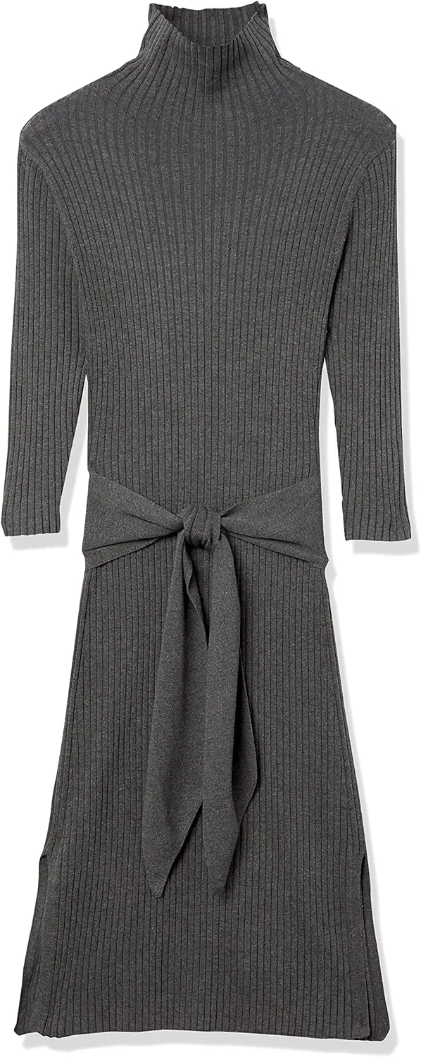 Cable Stitch Women's Turtleneck Ribbed Sweater Dress - 3/4 Sleeve Tie Waist Bodycon Fitted Knit Dress