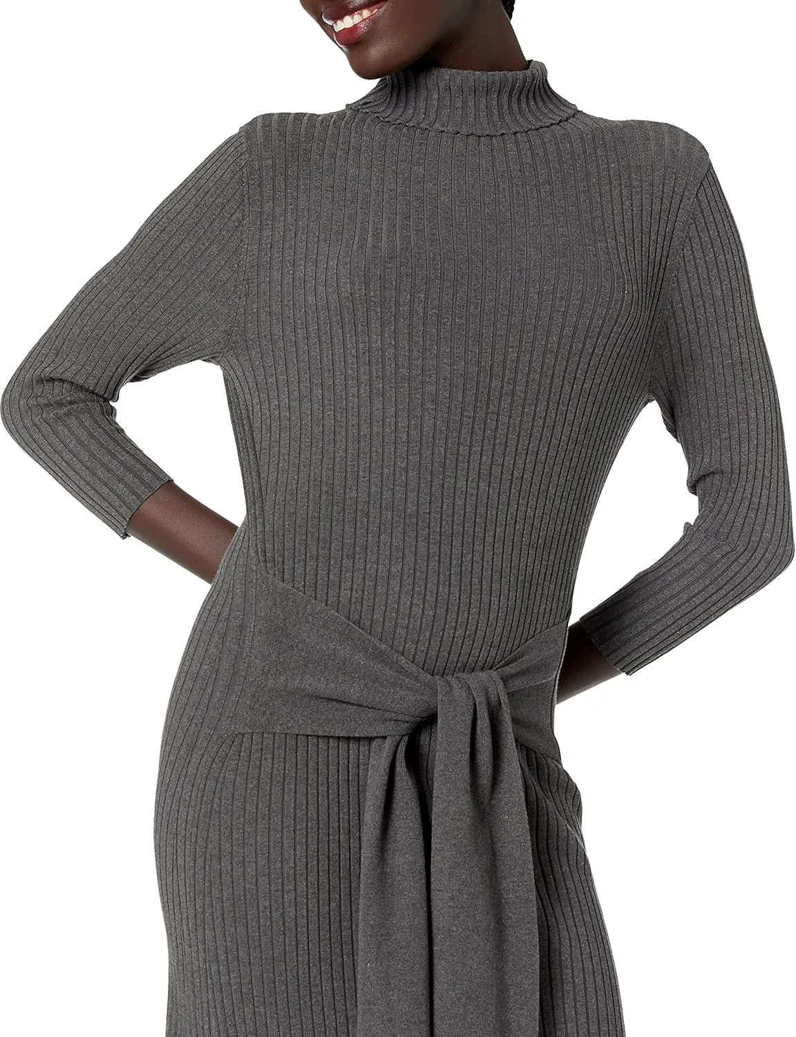Cable Stitch Women's Turtleneck Ribbed Sweater Dress - 3/4 Sleeve Tie Waist Bodycon Fitted Knit Dress
