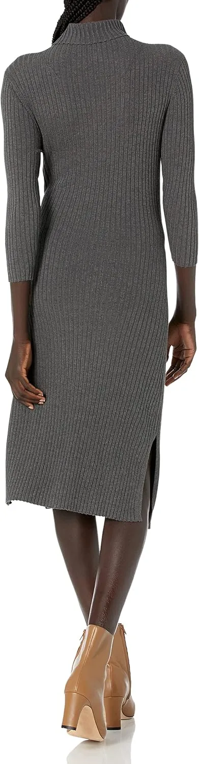 Cable Stitch Women's Turtleneck Ribbed Sweater Dress - 3/4 Sleeve Tie Waist Bodycon Fitted Knit Dress