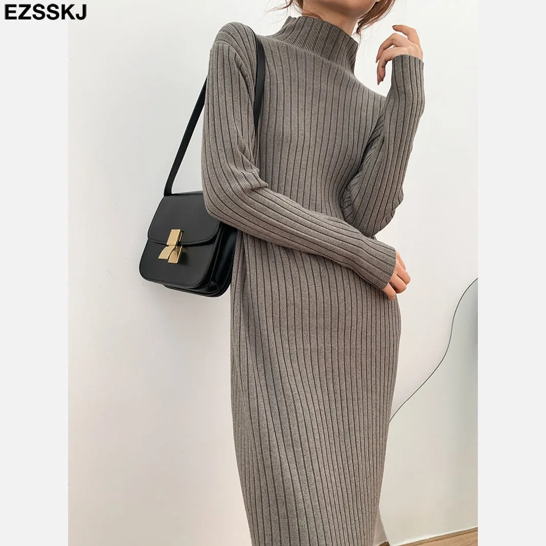 Christmas Gift Deanwangkt autumn winter thick straight maxi sweater dress women high neck long sweater dress elegant female loose  sexy knit dress
