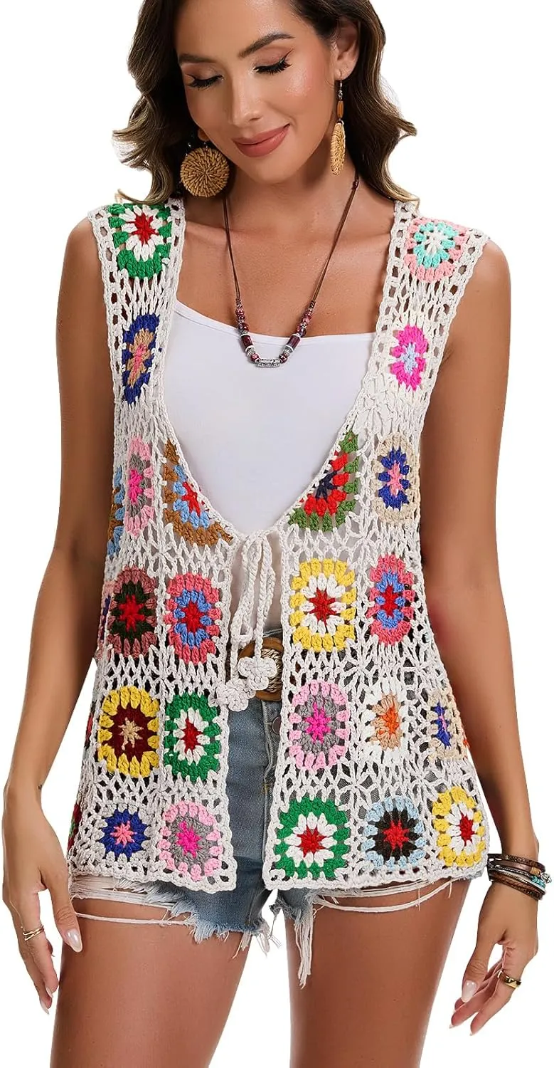 Crochet African Flower Granny Square Crochet Vest, Color Block Sweater, Knitted Multicolor Open Front Cardigan