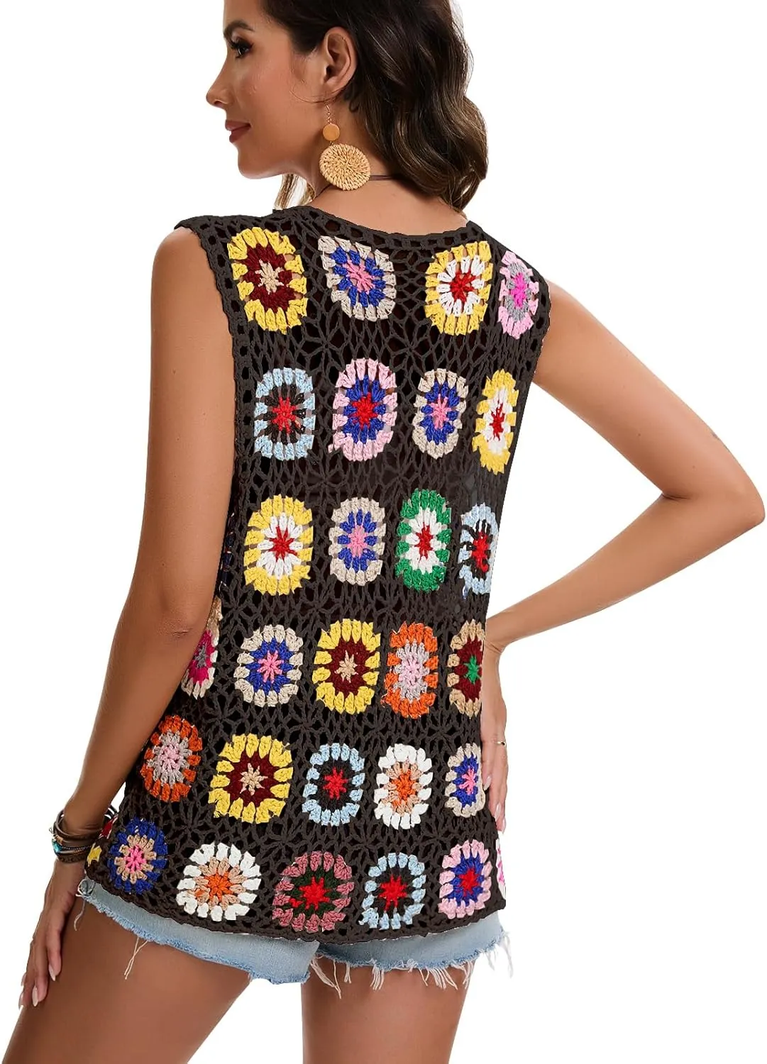 Crochet African Flower Granny Square Crochet Vest, Color Block Sweater, Knitted Multicolor Open Front Cardigan