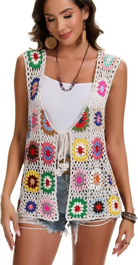 Crochet African Flower Granny Square Crochet Vest, Color Block Sweater, Knitted Multicolor Open Front Cardigan