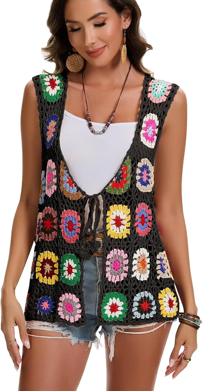 Crochet African Flower Granny Square Crochet Vest, Color Block Sweater, Knitted Multicolor Open Front Cardigan