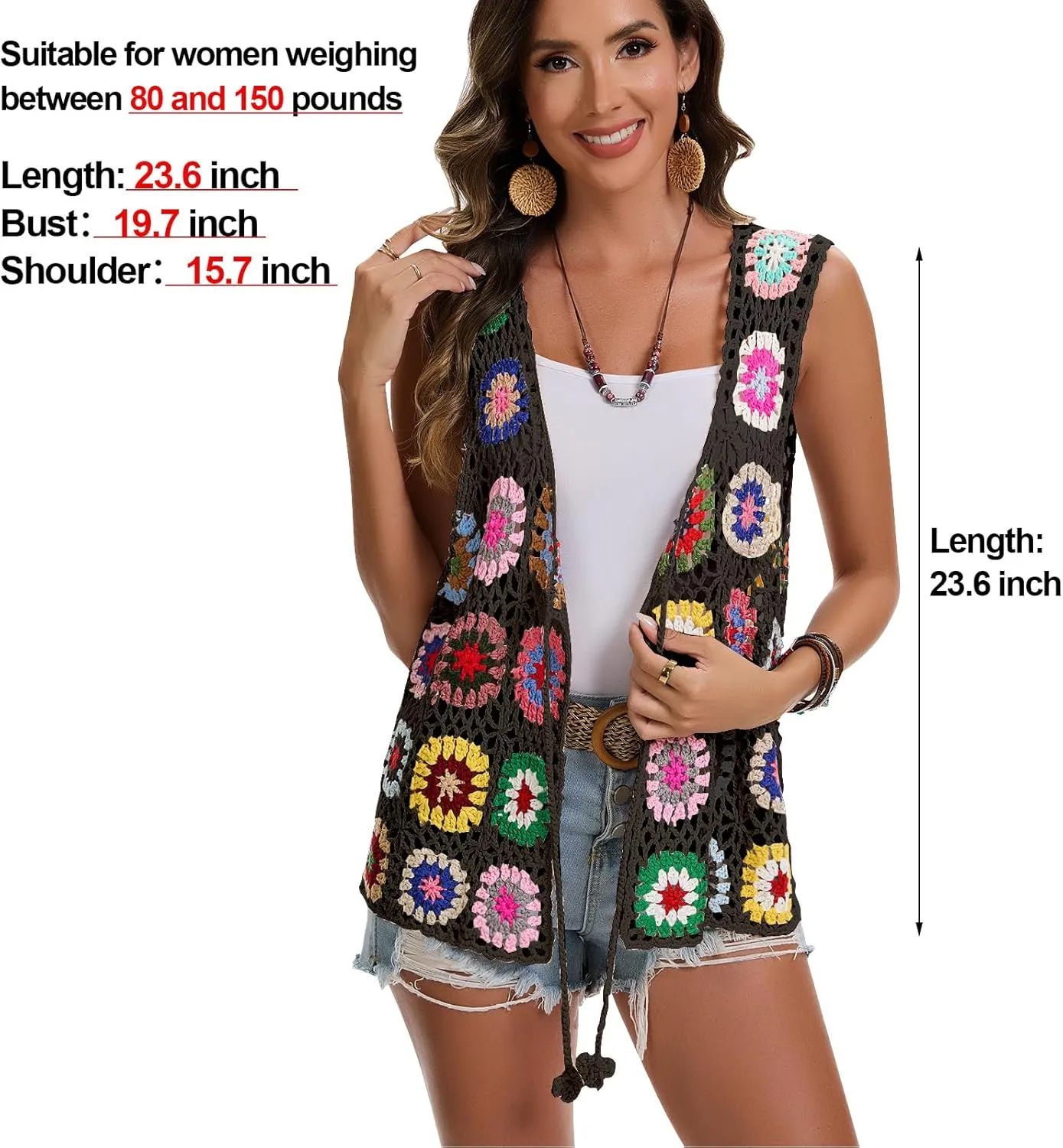 Crochet African Flower Granny Square Crochet Vest, Color Block Sweater, Knitted Multicolor Open Front Cardigan