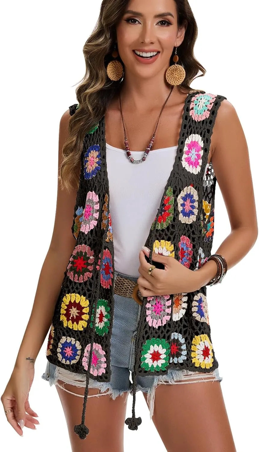 Crochet African Flower Granny Square Crochet Vest, Color Block Sweater, Knitted Multicolor Open Front Cardigan