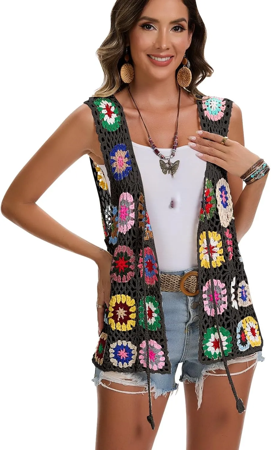 Crochet African Flower Granny Square Crochet Vest, Color Block Sweater, Knitted Multicolor Open Front Cardigan