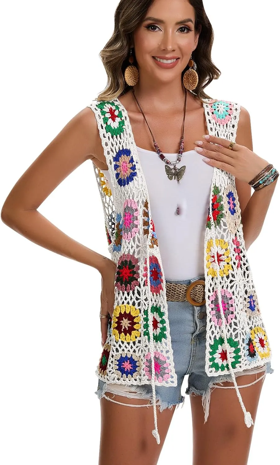 Crochet African Flower Granny Square Crochet Vest, Color Block Sweater, Knitted Multicolor Open Front Cardigan