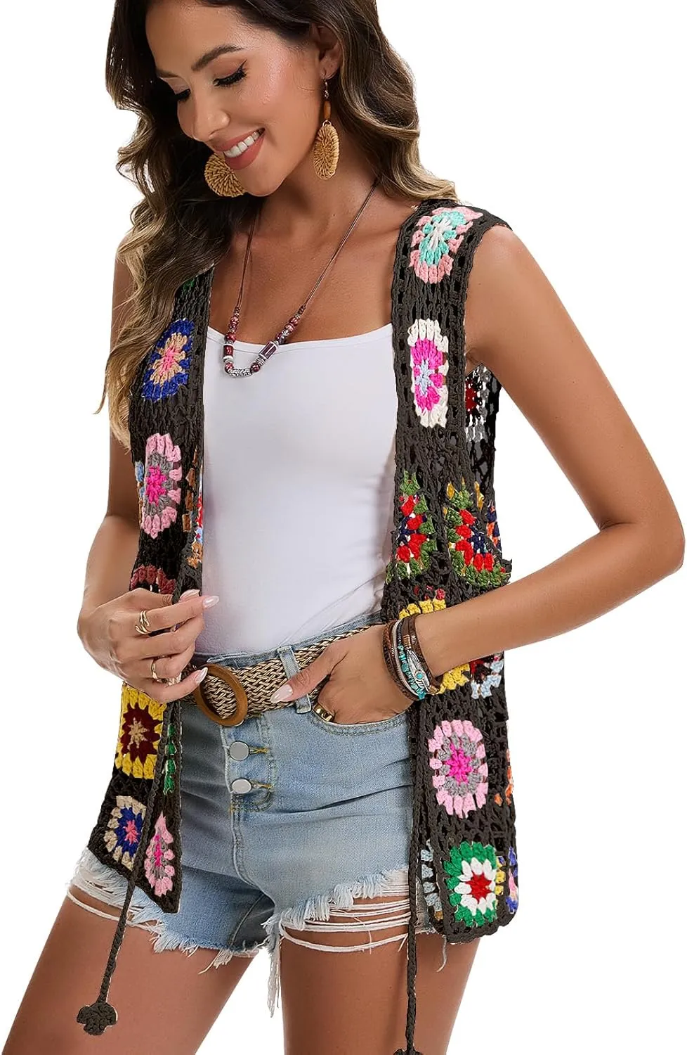 Crochet African Flower Granny Square Crochet Vest, Color Block Sweater, Knitted Multicolor Open Front Cardigan