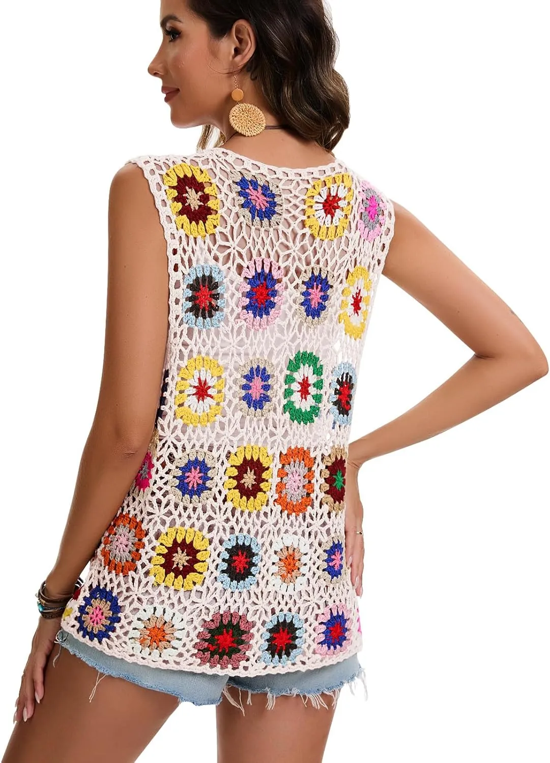 Crochet African Flower Granny Square Crochet Vest, Color Block Sweater, Knitted Multicolor Open Front Cardigan