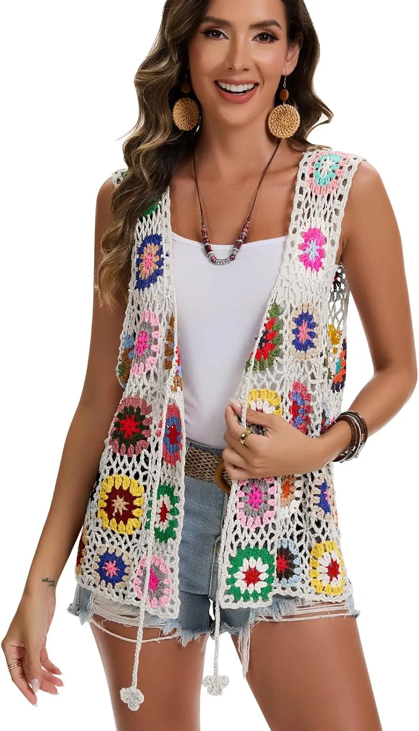 Crochet African Flower Granny Square Crochet Vest, Color Block Sweater, Knitted Multicolor Open Front Cardigan