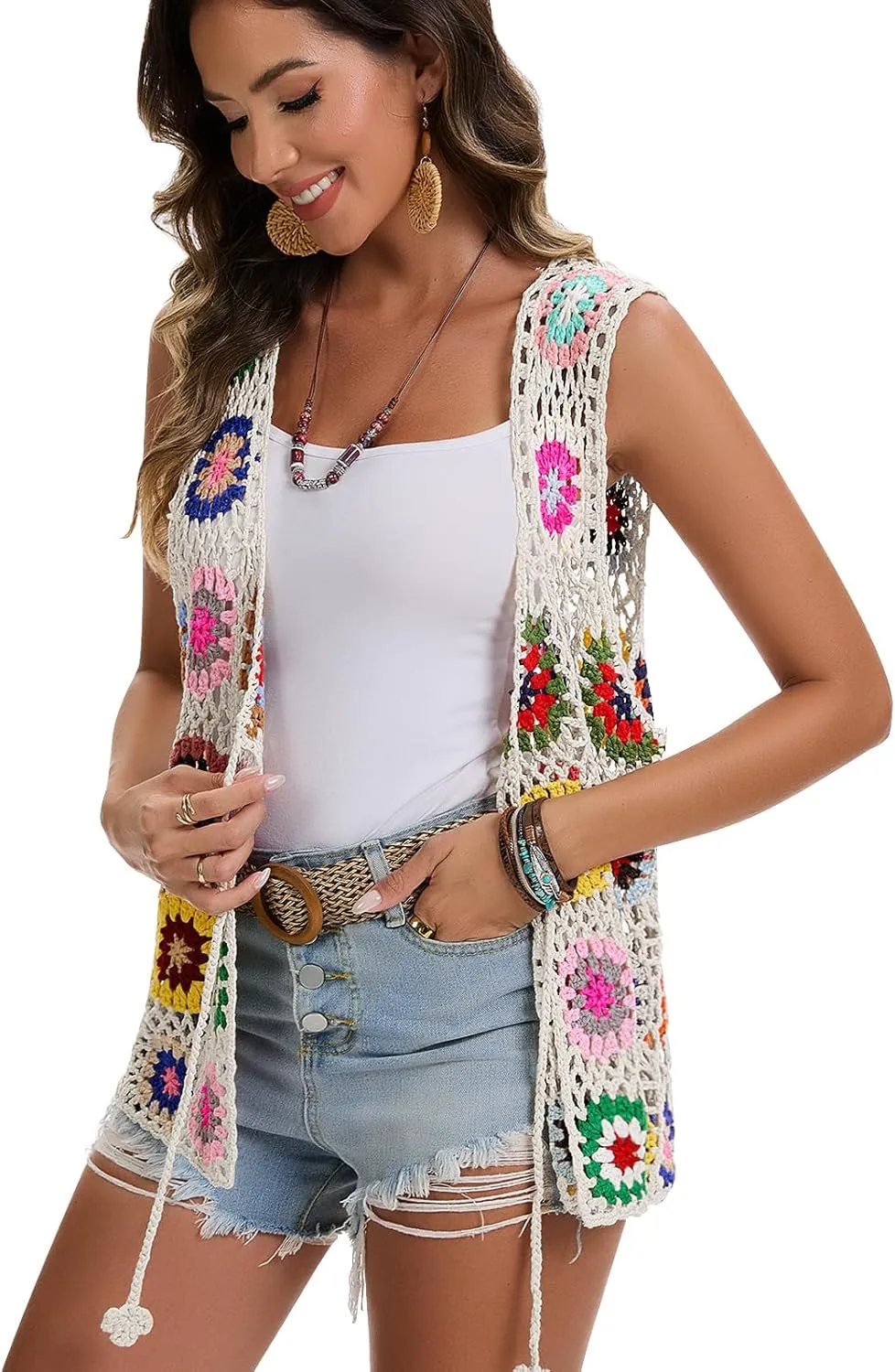 Crochet African Flower Granny Square Crochet Vest, Color Block Sweater, Knitted Multicolor Open Front Cardigan