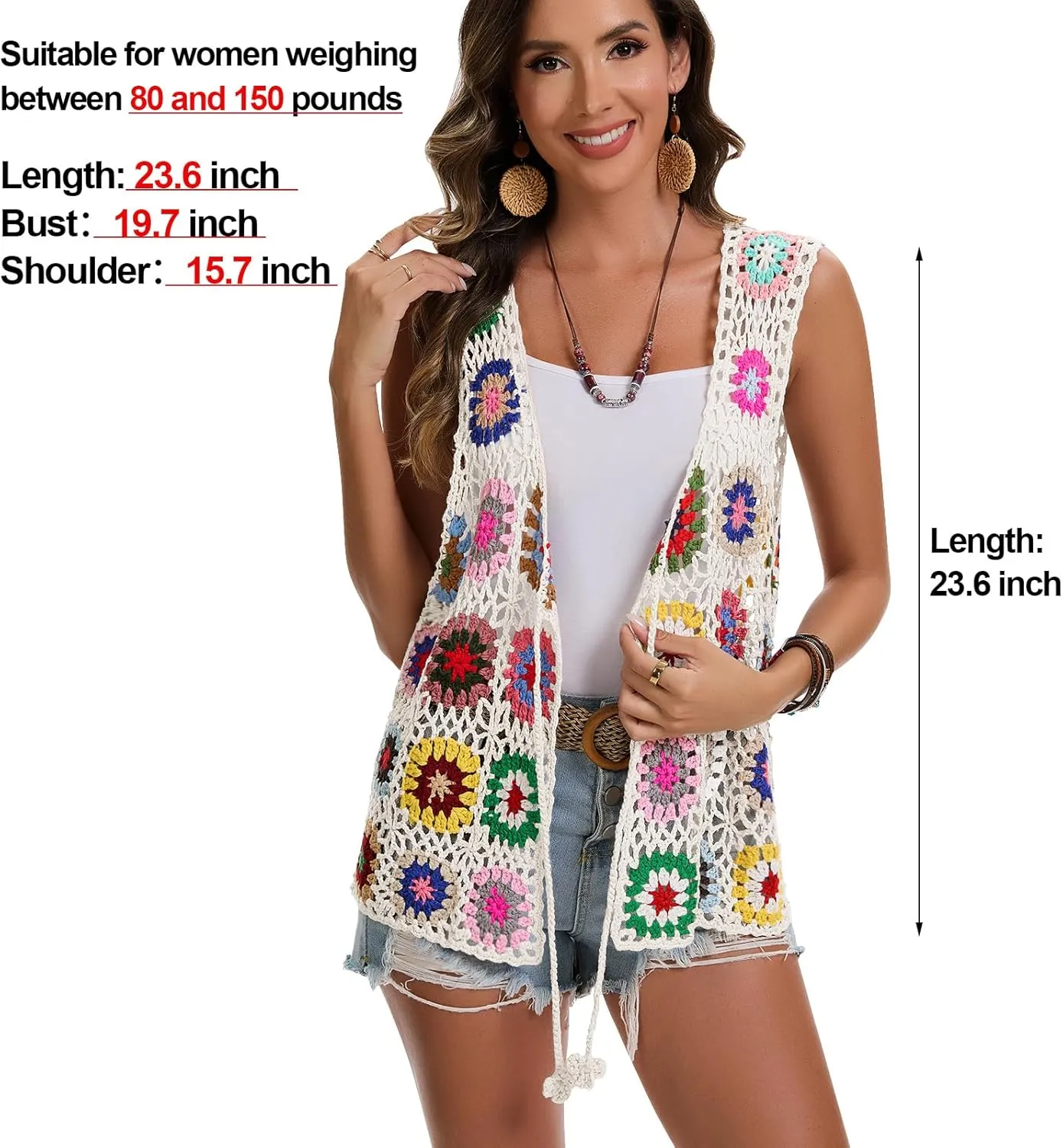 Crochet African Flower Granny Square Crochet Vest, Color Block Sweater, Knitted Multicolor Open Front Cardigan