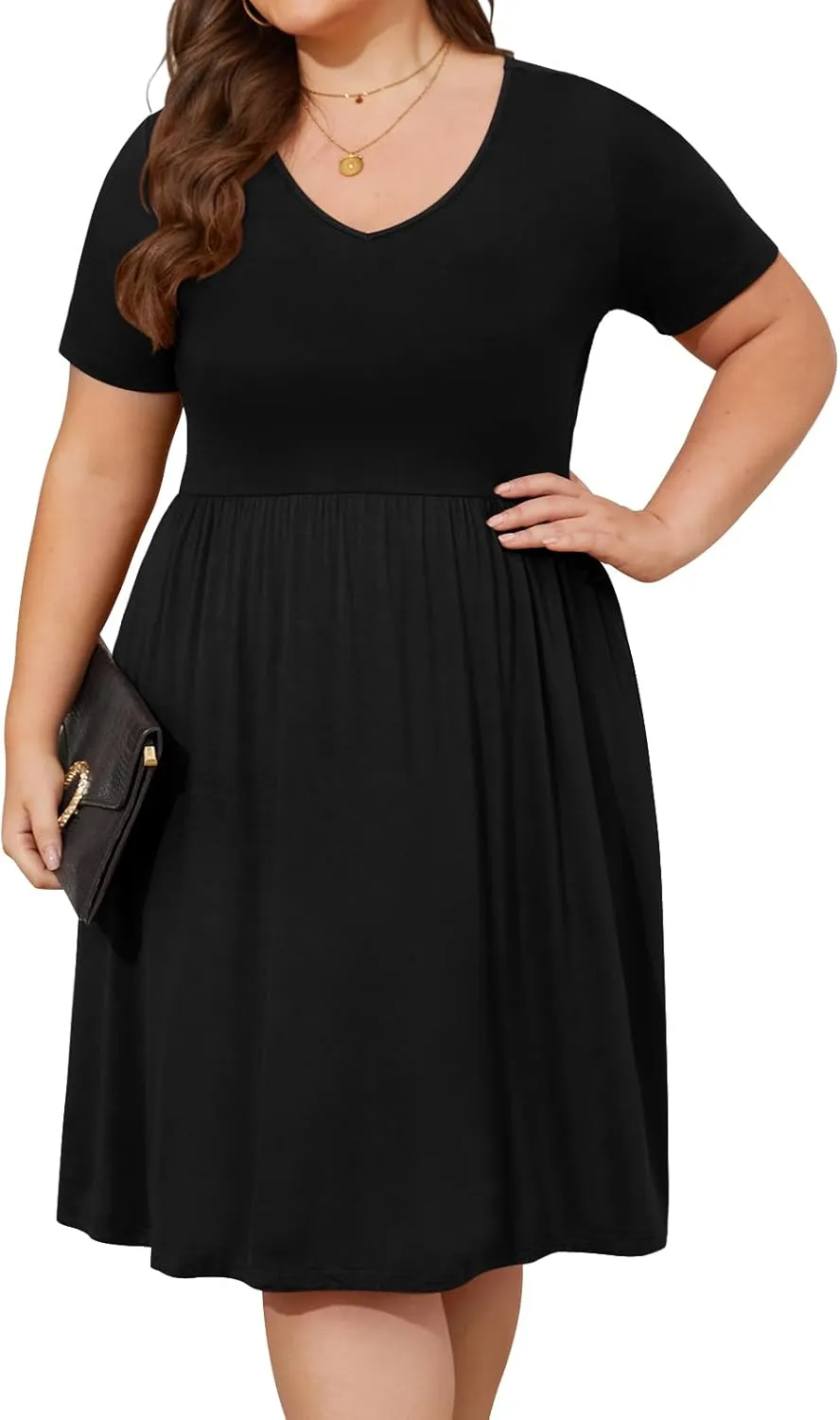 DB MOON Women Plus Size Dresses 2025 Summer Casual V Neck Short Sleeve Knee Length Dress with Pockets XL