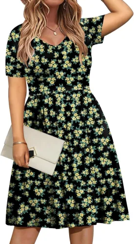 DB MOON Women Plus Size Dresses 2025 Summer Casual V Neck Short Sleeve Knee Length Dress with Pockets XL