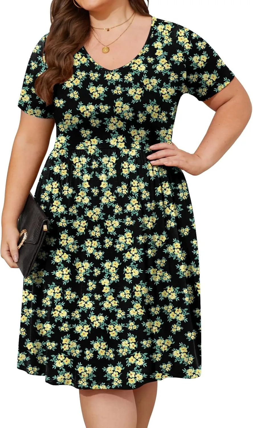 DB MOON Women Plus Size Dresses 2025 Summer Casual V Neck Short Sleeve Knee Length Dress with Pockets XL