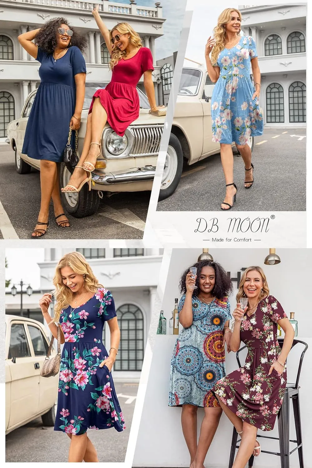 DB MOON Women Plus Size Dresses 2025 Summer Casual V Neck Short Sleeve Knee Length Dress with Pockets XL