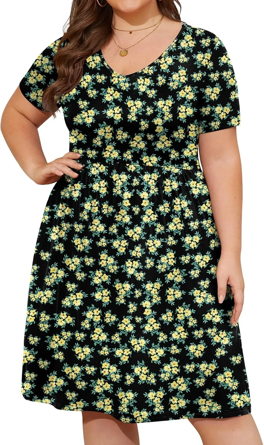 DB MOON Women Plus Size Dresses 2025 Summer Casual V Neck Short Sleeve Knee Length Dress with Pockets XL