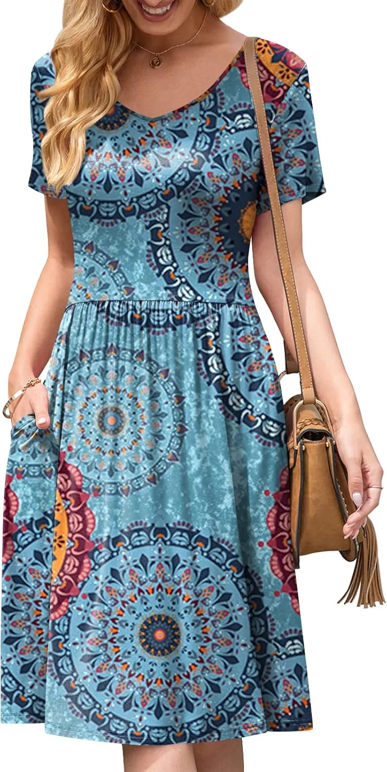 DB MOON Women Plus Size Dresses 2025 Summer Casual V Neck Short Sleeve Knee Length Dress with Pockets XL