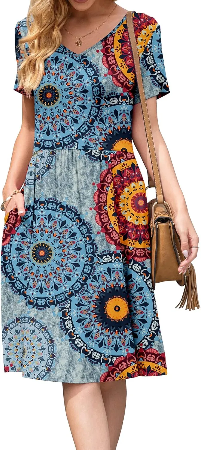 DB MOON Women Plus Size Dresses 2025 Summer Casual V Neck Short Sleeve Knee Length Dress with Pockets XL