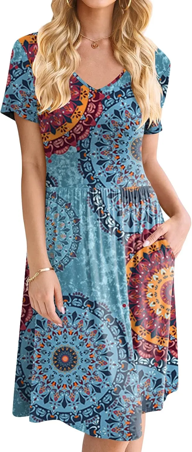 DB MOON Women Plus Size Dresses 2025 Summer Casual V Neck Short Sleeve Knee Length Dress with Pockets XL